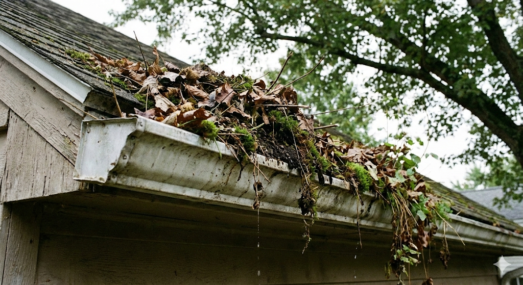 Clogged residential gutters overflowing with leaves, moss, and debris hanging over the edge — classic result of a full season of neglect