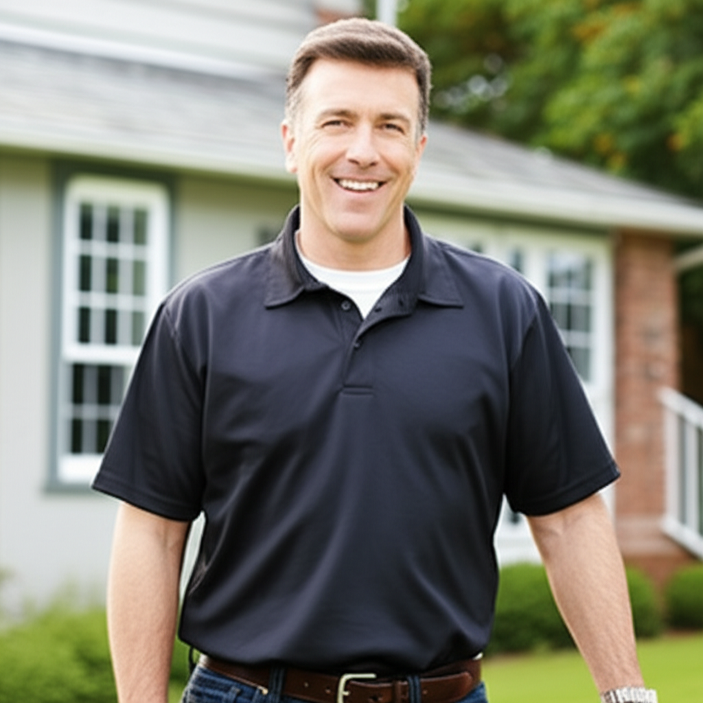 A professional contractor smiling confidently in front of a residential home — the kind of trustworthy tradesperson you want on your job