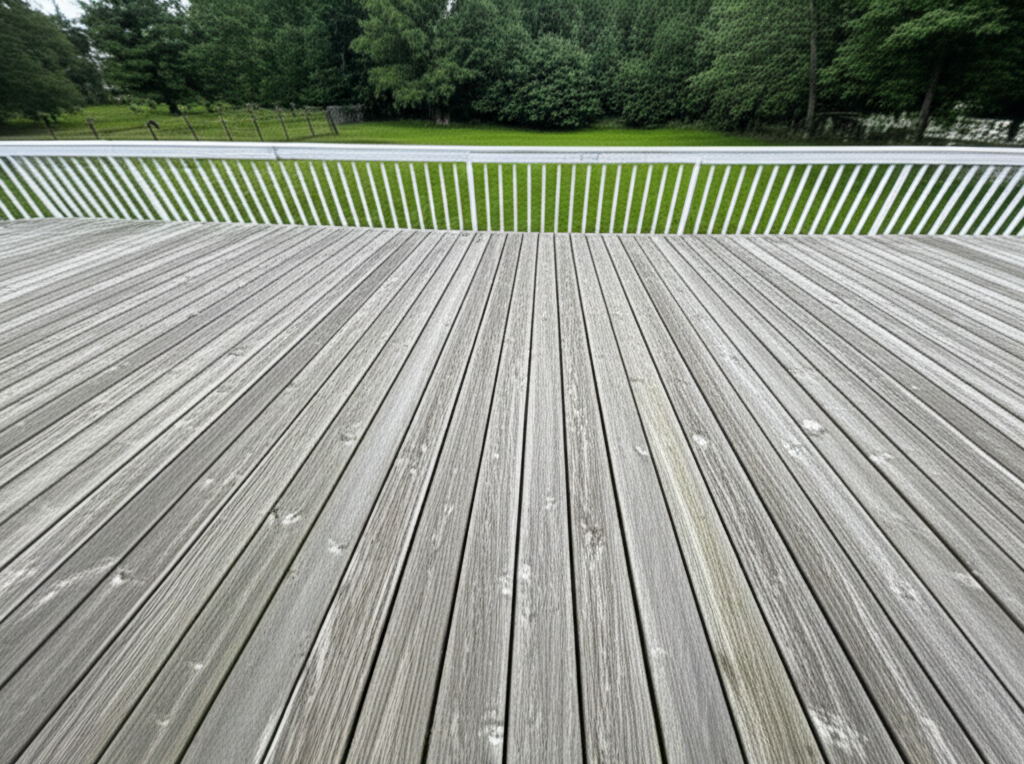 A weathered residential backyard deck showing algae discoloration and fading — the kind of deck that needs a spring cleaning and inspection before summer use
