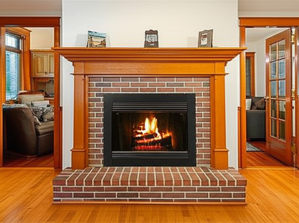 A cozy residential fireplace with a brick surround and warm fire burning in a lived-in living room