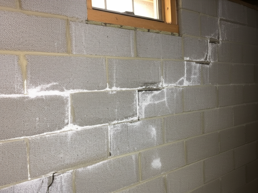A visible stair-step crack running diagonally through concrete block foundation — the type of crack that signals settling and requires professional assessment