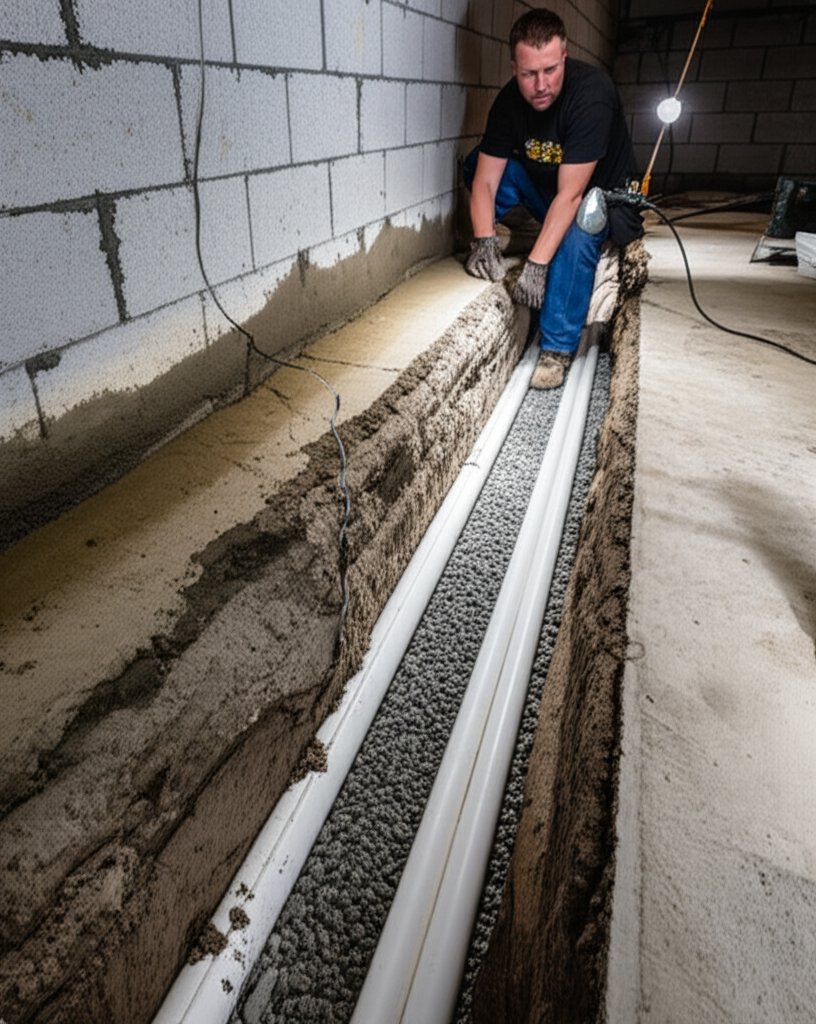 A foundation wall coated with blue elastomeric waterproofing — professional waterproofing creates a seamless moisture barrier across the entire surface