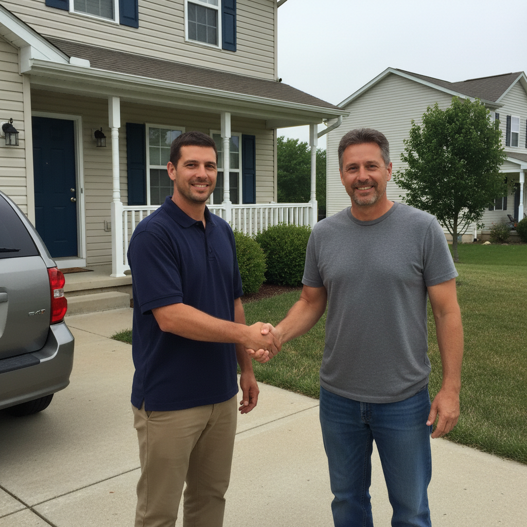 Contractor and homeowner shaking hands in front of a house