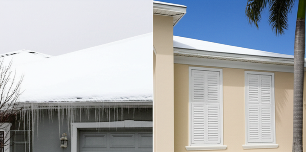 Split image comparing a snow-laden roof in a northern winter climate on the left versus a coastal home with closed hurricane shutters on the right — illustrating that spring maintenance priorities differ by region