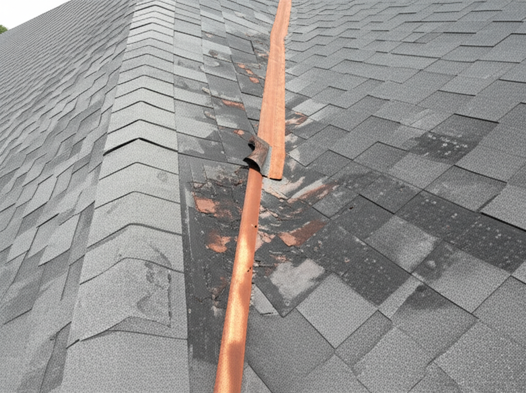Close-up of weathered and moss-covered roof tiles showing deterioration, lichen growth, and surface damage — signs that a roof needs professional inspection